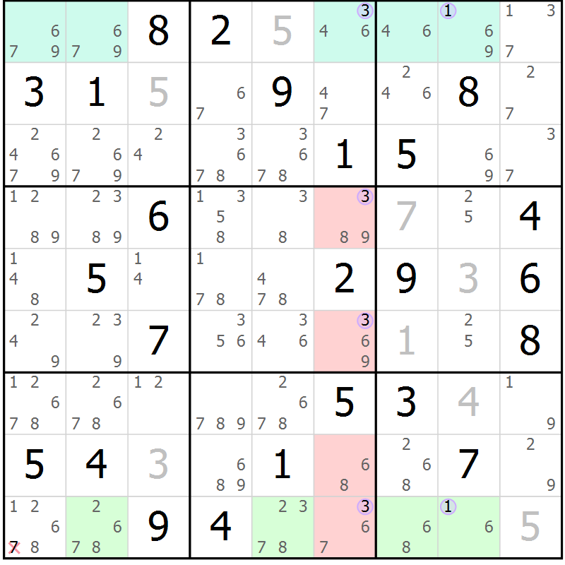 Position des candidats pour la solution de la Gr 33 page 36 du magazine de sudoku Suprême n° 028