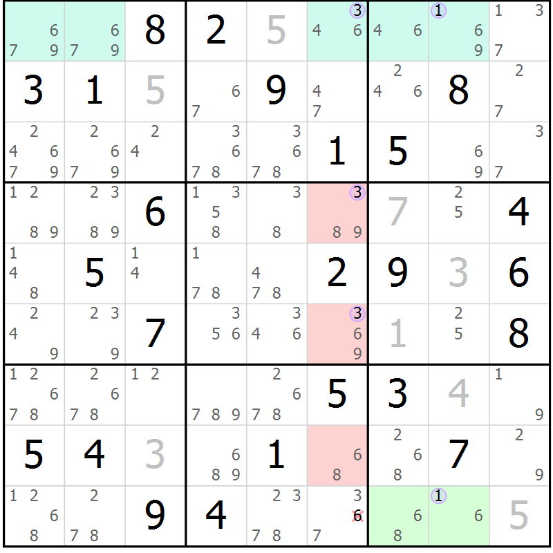 Position des candidats pour la solution de la Gr 33 page 36 du magazine de sudoku Suprême n° 028