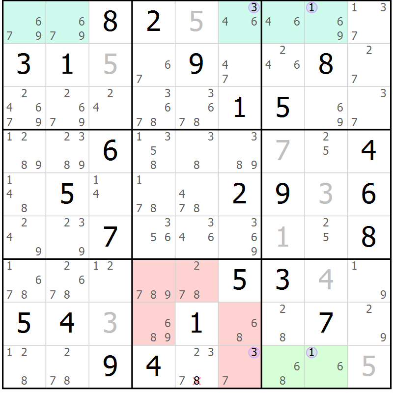 Position des candidats pour la solution de la Gr 33 page 36 du magazine de sudoku Suprême n° 028