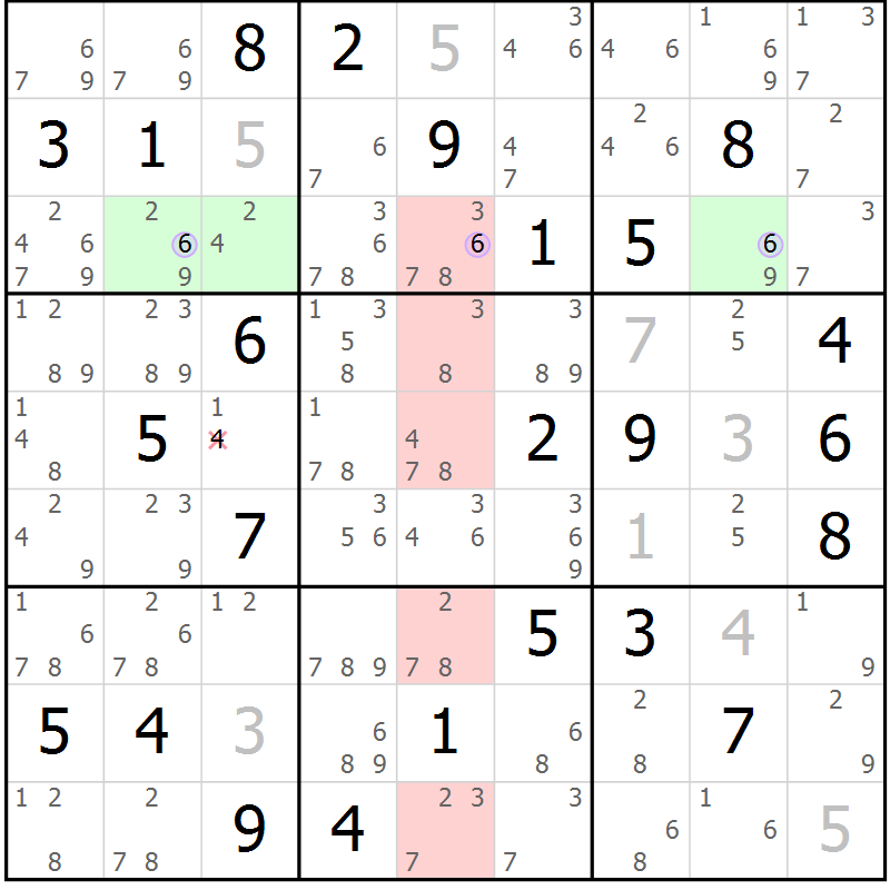 Position des candidats pour la solution de la Gr 33 page 36 du magazine de sudoku Suprême n° 028
