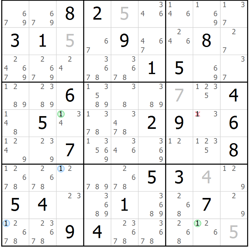Position des candidats pour la solution de la Gr 33 page 36 du magazine de sudoku Suprême n° 028