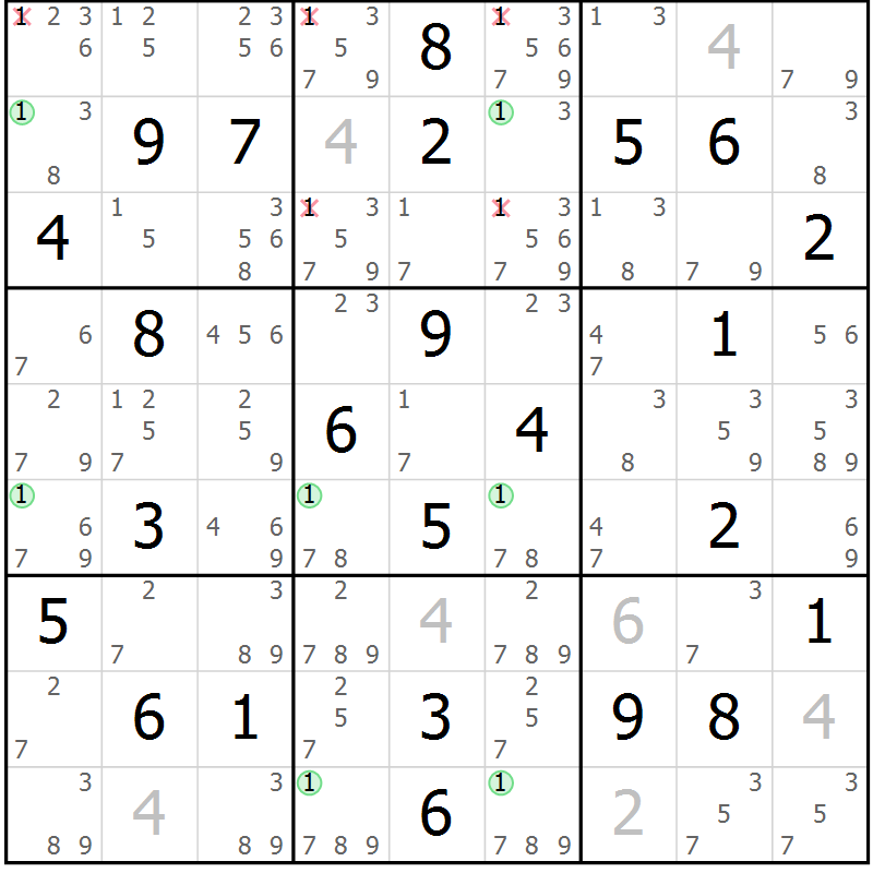 Position des candidats pour la solution de la Gr 35 page 38 du magazine de sudoku Suprême n° 028