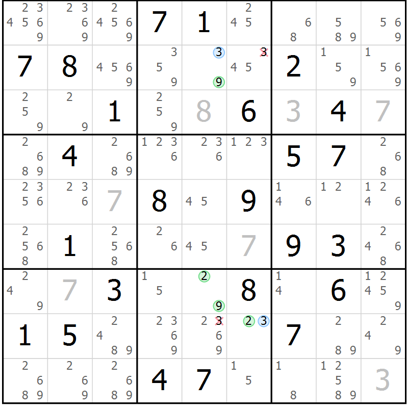 Position des candidats pour la solution de la Gr 36 page 39 du magazine de sudoku Suprême n° 028