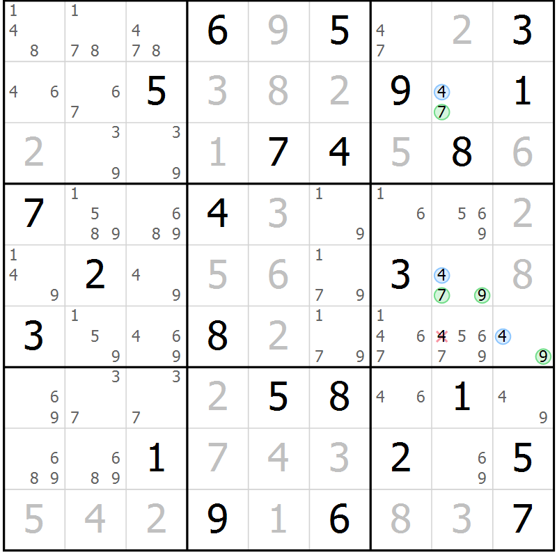 Position des candidats pour la solution de la Gr 38 page 41 du magazine de sudoku Suprême n° 028