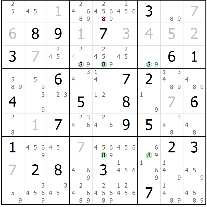 Position des candidats pour la solution de la Gr 39 page 42 du magazine de sudoku Suprême n° 028