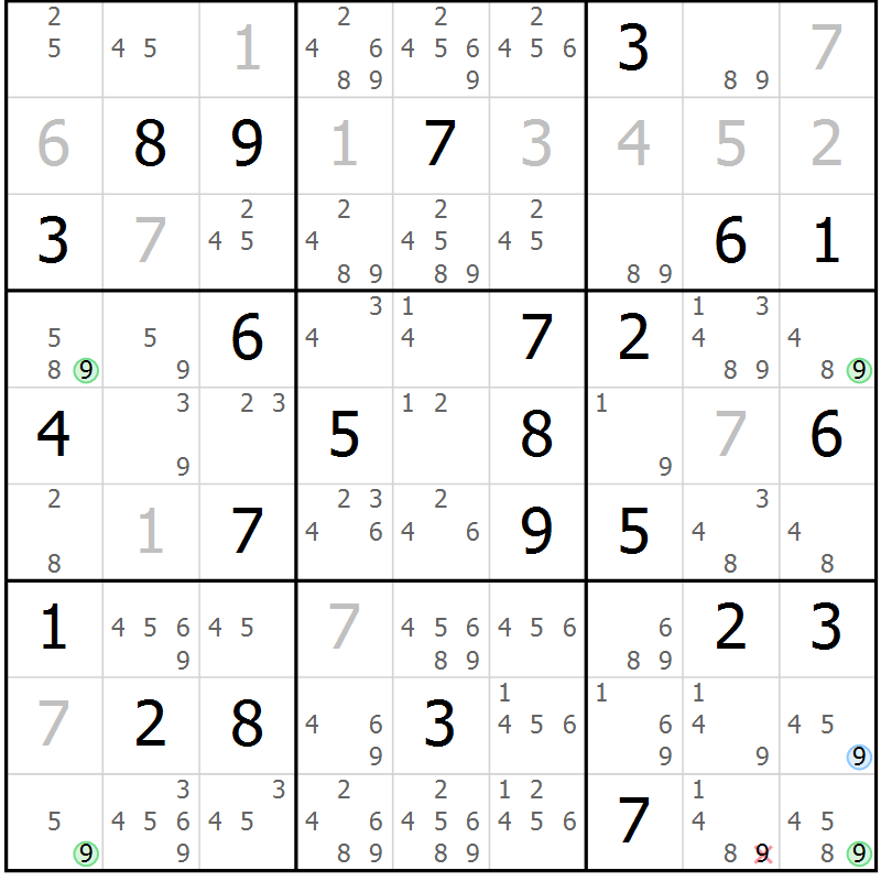 Position des candidats pour la solution de la Gr 39 page 42 du magazine de sudoku Suprême n° 028