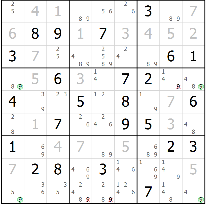 Position des candidats pour la solution de la Gr 39 page 42 du magazine de sudoku Suprême n° 028