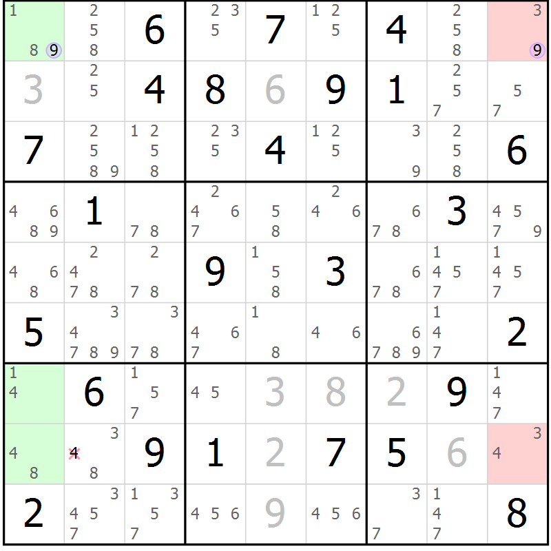 Position des candidats pour la solution de la Gr 40 page 43 du magazine de sudoku Suprême n° 028