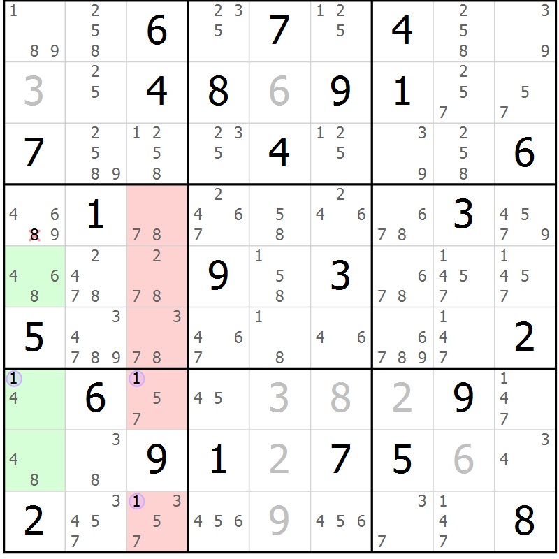 Position des candidats pour la solution de la Gr 40 page 43 du magazine de sudoku Suprême n° 028