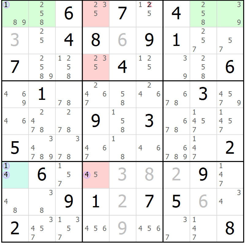 Position des candidats pour la solution de la Gr 40 page 43 du magazine de sudoku Suprême n° 028