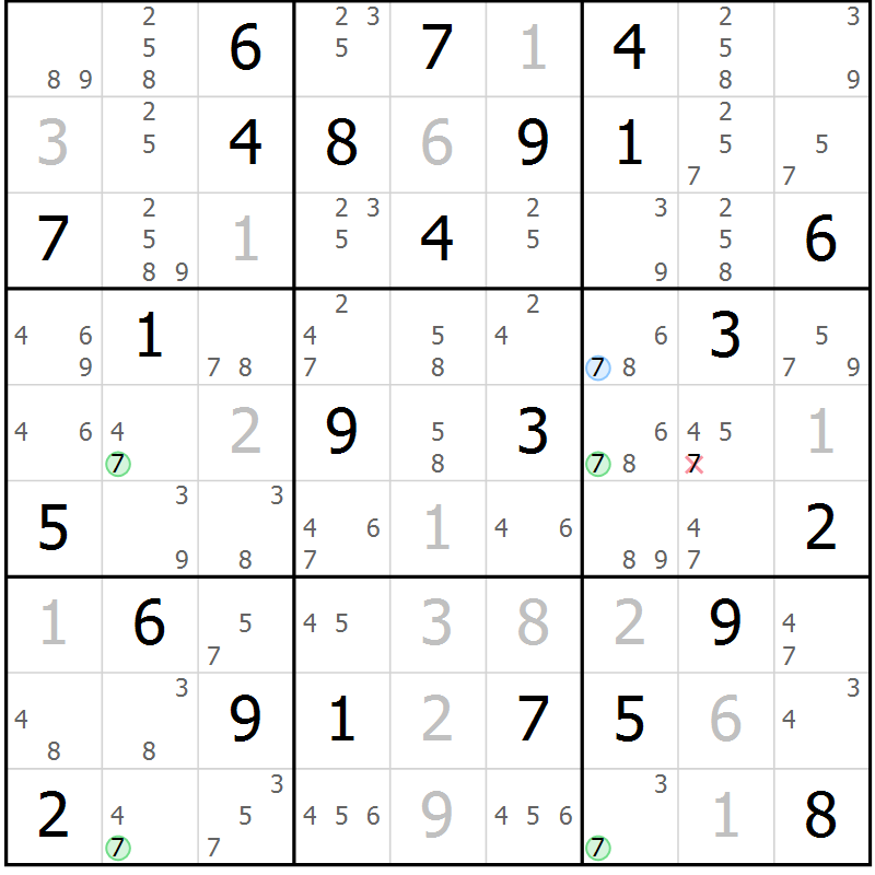 Position des candidats pour la solution de la Gr 40 page 43 du magazine de sudoku Suprême n° 028