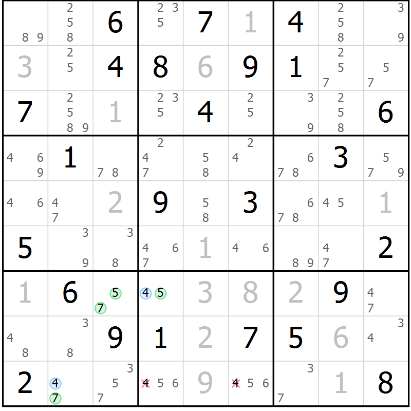 Position des candidats pour la solution de la Gr 40 page 43 du magazine de sudoku Suprême n° 028