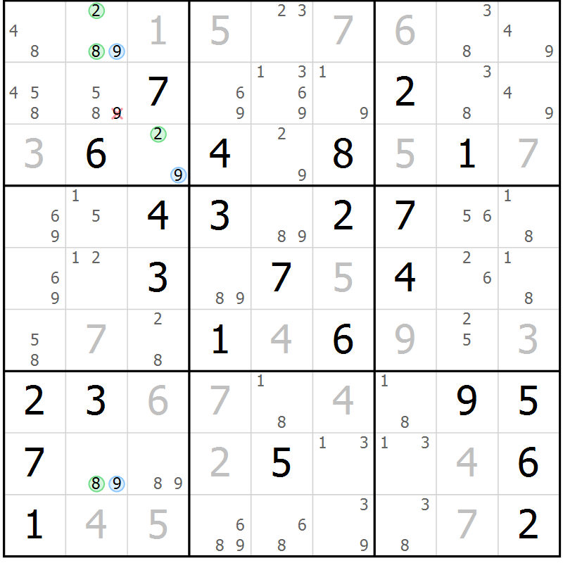 Position des candidats pour la solution de la Gr 41 page 44 du magazine de sudoku Suprême n° 028
