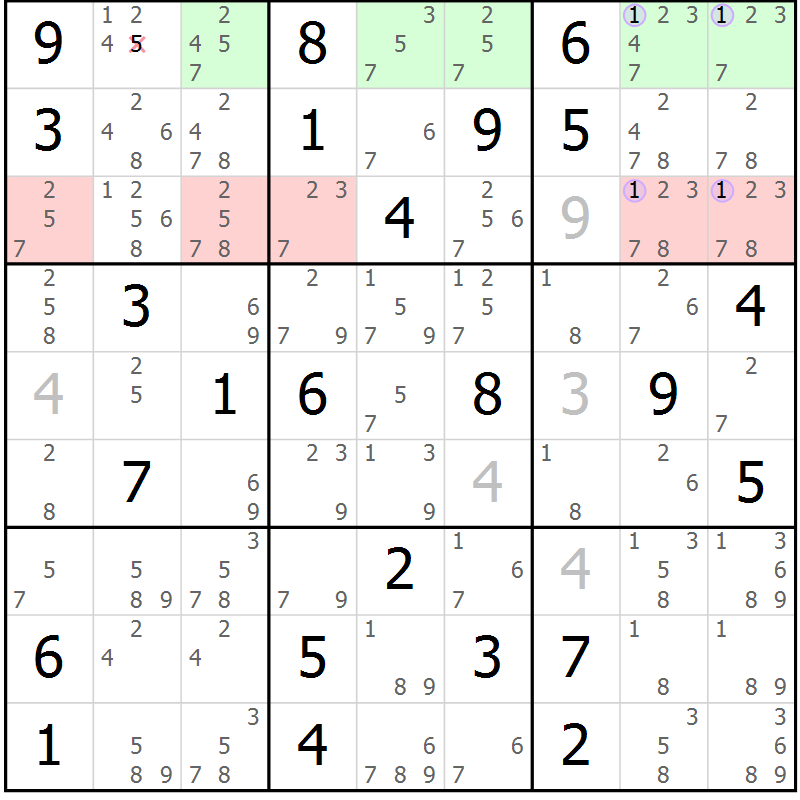 Position des candidats pour la solution de la Gr 42 page 45 du magazine de sudoku Suprême n° 028