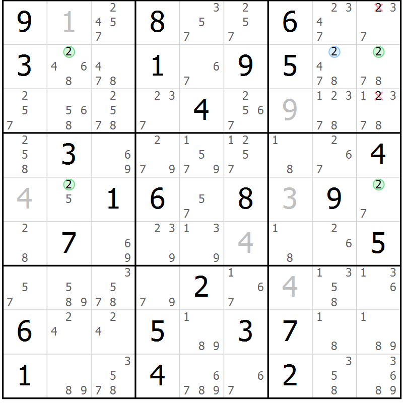 Position des candidats pour la solution de la Gr 42 page 45 du magazine de sudoku Suprême n° 028