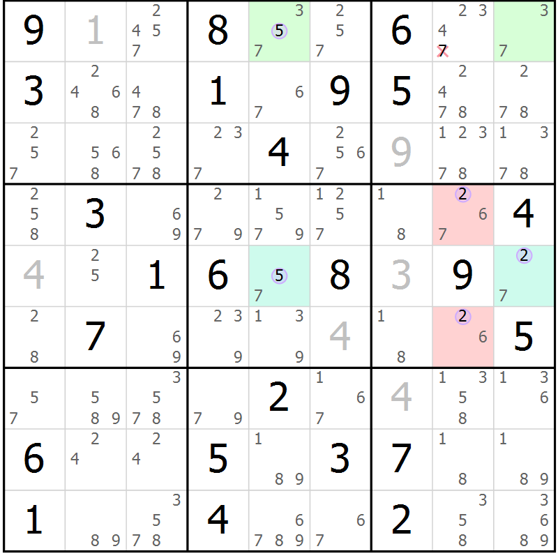Position des candidats pour la solution de la Gr 42 page 45 du magazine de sudoku Suprême n° 028