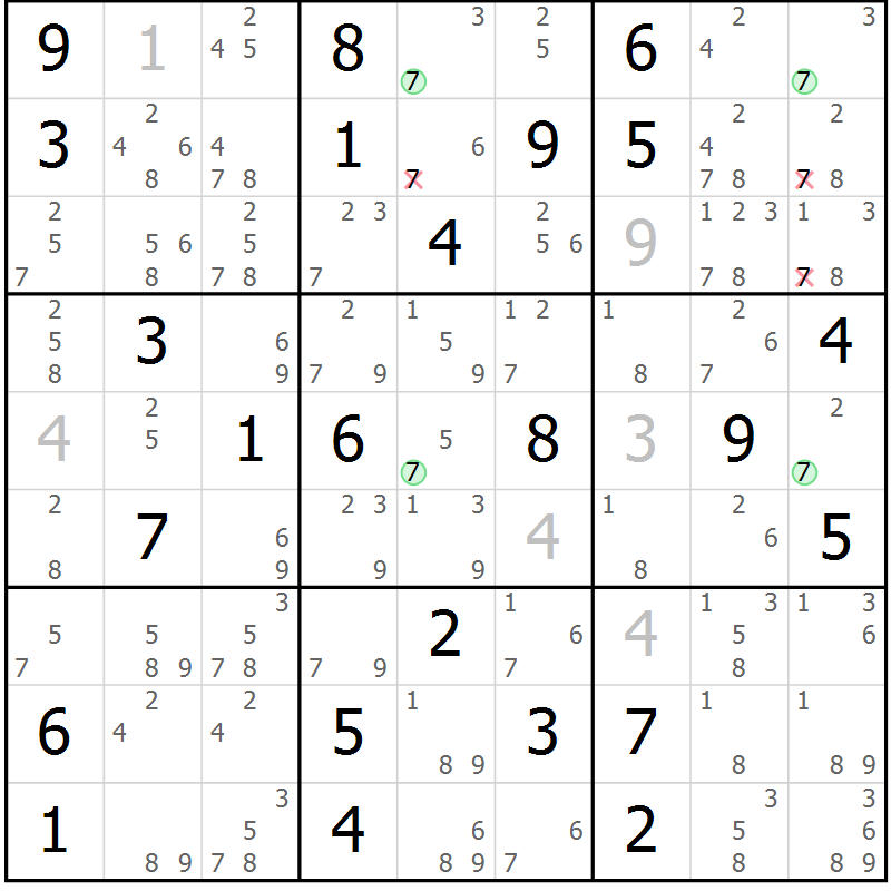 Position des candidats pour la solution de la Gr 42 page 45 du magazine de sudoku Suprême n° 028