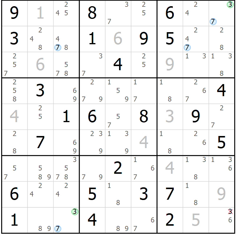 Position des candidats pour la solution de la Gr 42 page 45 du magazine de sudoku Suprême n° 028