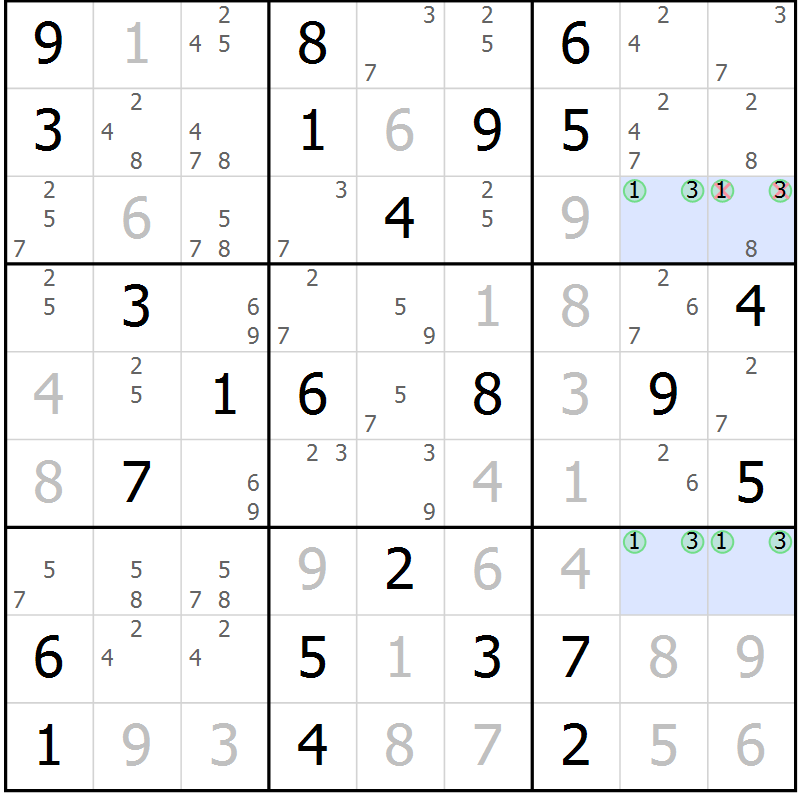 Position des candidats pour la solution de la Gr 42 page 45 du magazine de sudoku Suprême n° 028