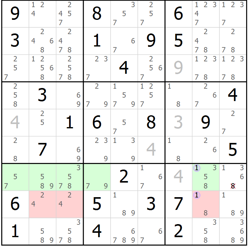 Position des candidats pour la solution de la Gr 42 page 45 du magazine de sudoku Suprême n° 028
