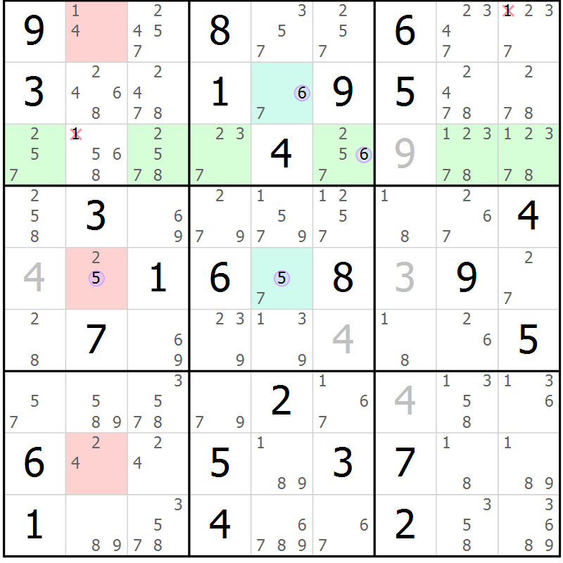 Position des candidats pour la solution de la Gr 42 page 45 du magazine de sudoku Suprême n° 028