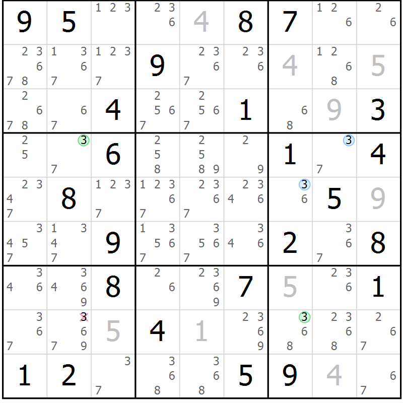 Position des candidats pour la solution de la Gr 43 page 46 du magazine de sudoku Suprême n° 028