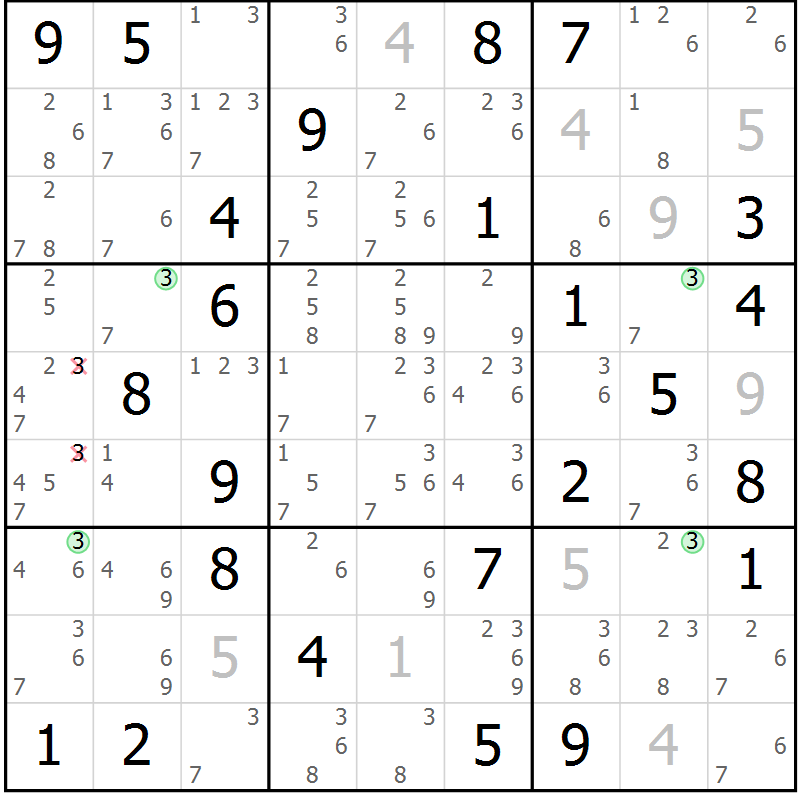 Position des candidats pour la solution de la Gr 43 page 46 du magazine de sudoku Suprême n° 028