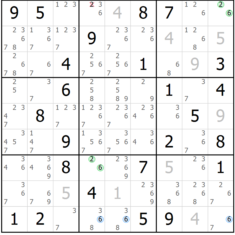 Position des candidats pour la solution de la Gr 43 page 46 du magazine de sudoku Suprême n° 028
