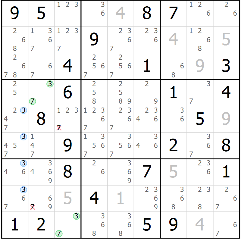 Position des candidats pour la solution de la Gr 43 page 46 du magazine de sudoku Suprême n° 028