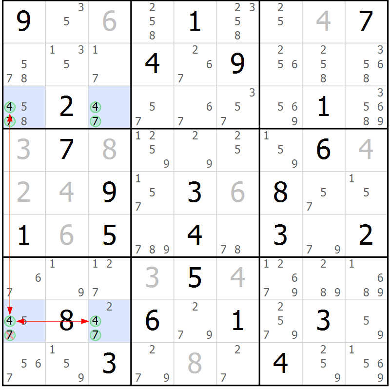 Position des candidats pour la solution de la Gr 45 page 48 du magazine de sudoku Suprême n° 028