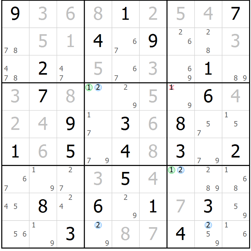 Position des candidats pour la solution de la Gr 45 page 48 du magazine de sudoku Suprême n° 028
