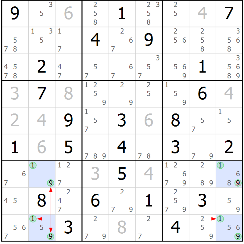 Position des candidats pour la solution de la Gr 45 page 48 du magazine de sudoku Suprême n° 028