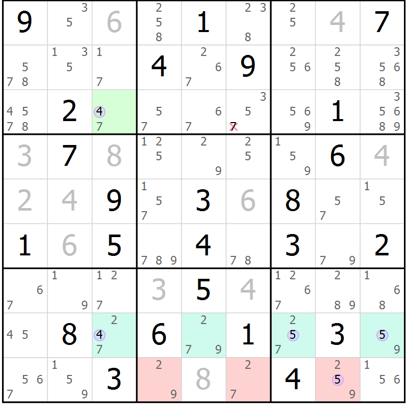 Position des candidats pour la solution de la Gr 45 page 48 du magazine de sudoku Suprême n° 028