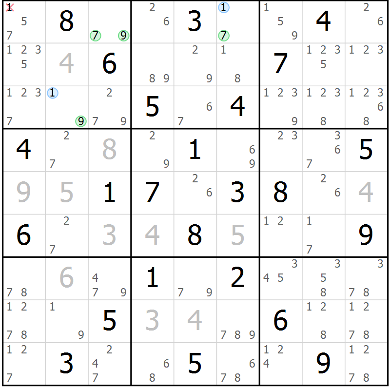 Position des candidats pour la solution de la Gr 47 page 50 du magazine de sudoku Suprême n° 028