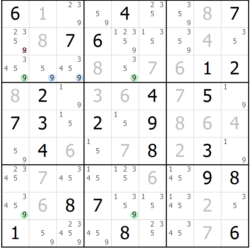 Position des candidats pour la solution de la Gr 49 page 52 du magazine de sudoku Suprême n° 028