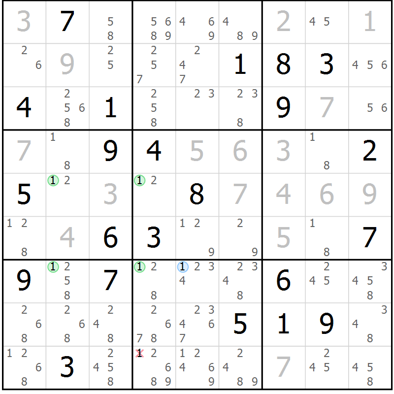 Position des candidats pour la solution de la Gr 5 page 8 du magazine de sudoku Suprême n° 028