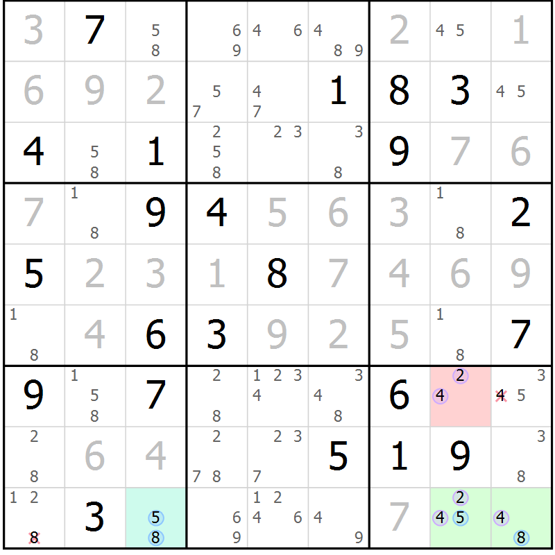 Position des candidats pour la solution de la Gr 5 page 8 du magazine de sudoku Suprême n° 028