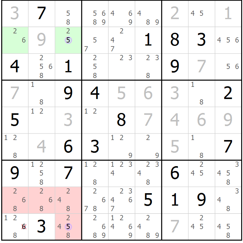 Position des candidats pour la solution de la Gr 5 page 8 du magazine de sudoku Suprême n° 028