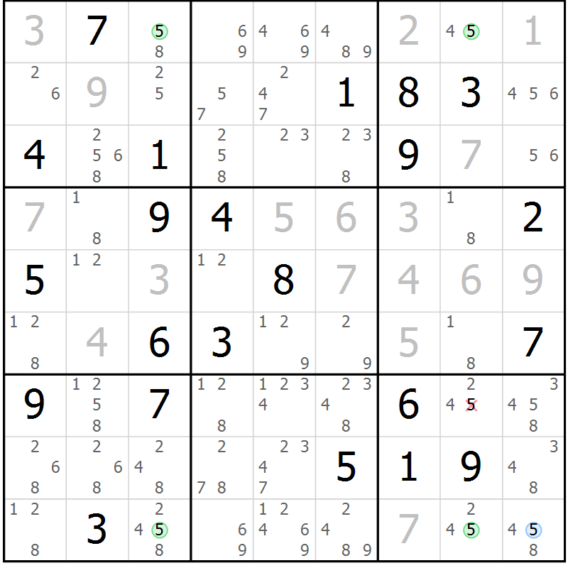 Position des candidats pour la solution de la Gr 5 page 8 du magazine de sudoku Suprême n° 028