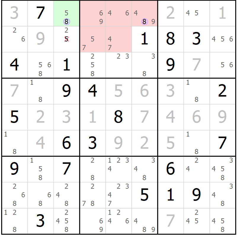 Position des candidats pour la solution de la Gr 5 page 8 du magazine de sudoku Suprême n° 028