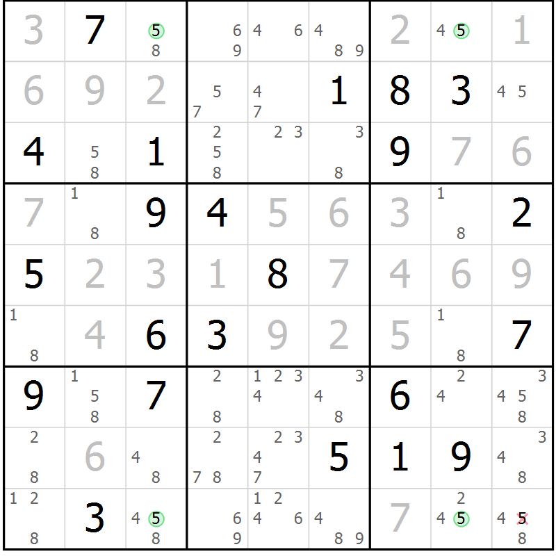 Position des candidats pour la solution de la Gr 5 page 8 du magazine de sudoku Suprême n° 028