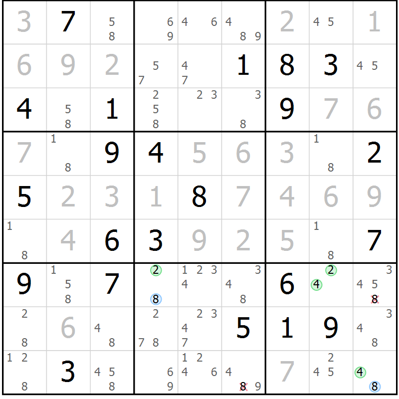 Position des candidats pour la solution de la Gr 5 page 8 du magazine de sudoku Suprême n° 028