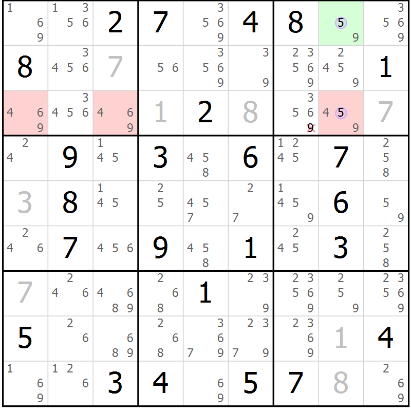 Position des candidats pour la solution de la Gr 50 page 53 du magazine de sudoku Suprême n° 028
