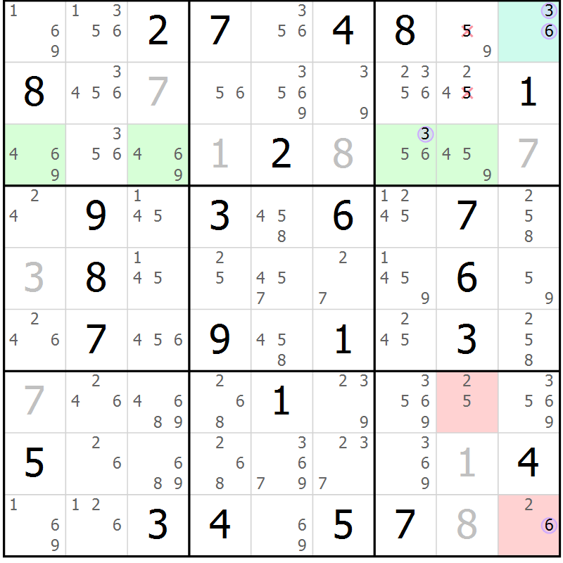 Position des candidats pour la solution de la Gr 50 page 53 du magazine de sudoku Suprême n° 028
