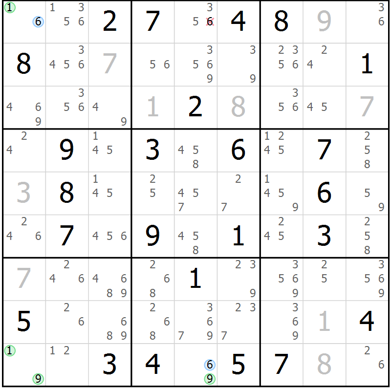 Position des candidats pour la solution de la Gr 50 page 53 du magazine de sudoku Suprême n° 028