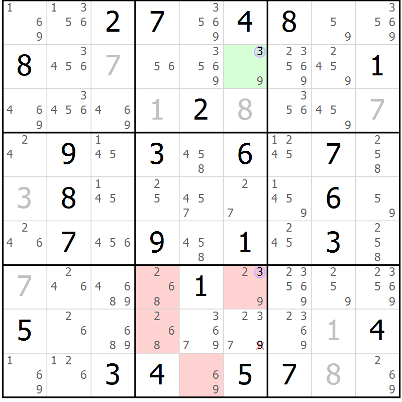Position des candidats pour la solution de la Gr 50 page 53 du magazine de sudoku Suprême n° 028
