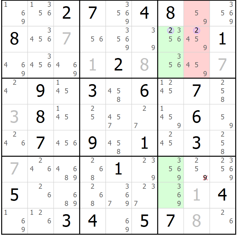 Position des candidats pour la solution de la Gr 50 page 53 du magazine de sudoku Suprême n° 028