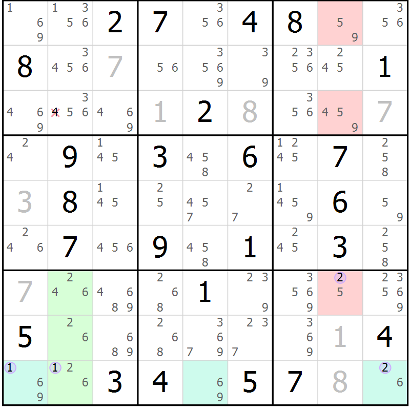 Position des candidats pour la solution de la Gr 50 page 53 du magazine de sudoku Suprême n° 028