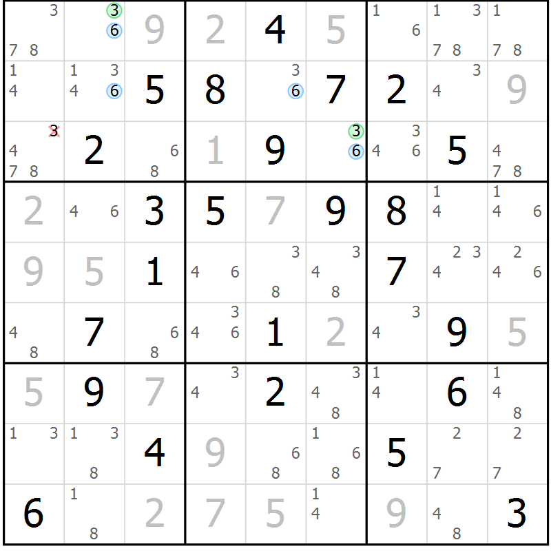 Position des candidats pour la solution de la Gr 51 page 54 du magazine de sudoku Suprême n° 028