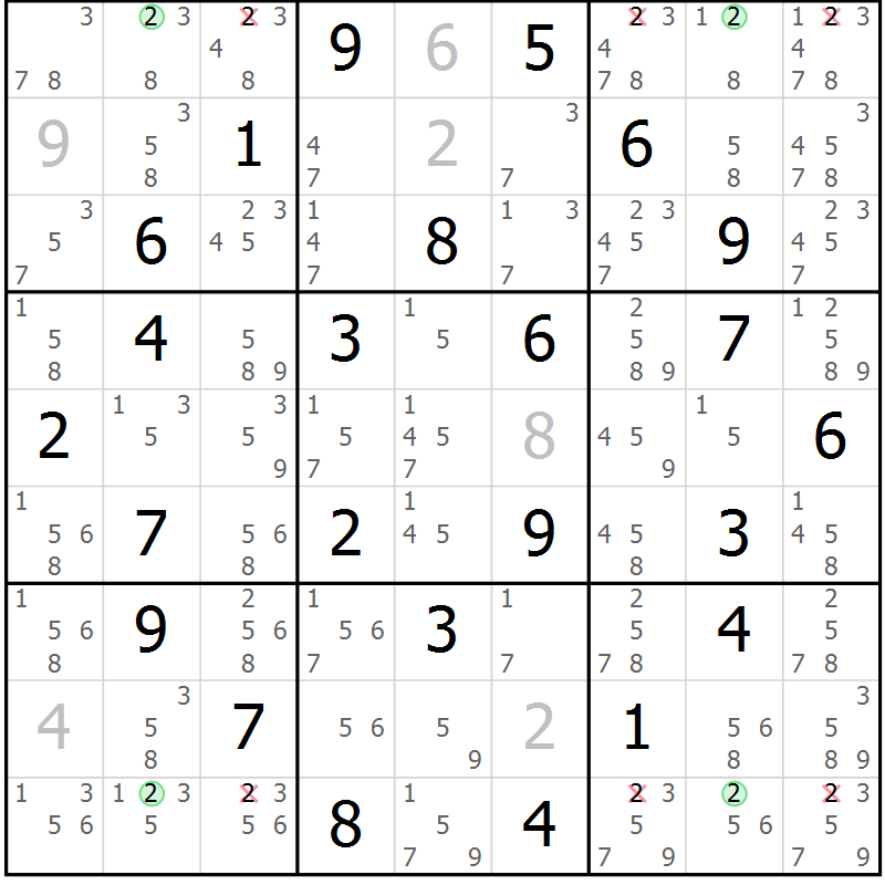 Position des candidats pour la solution de la Gr 52 page 55 du magazine de sudoku Suprême n° 028